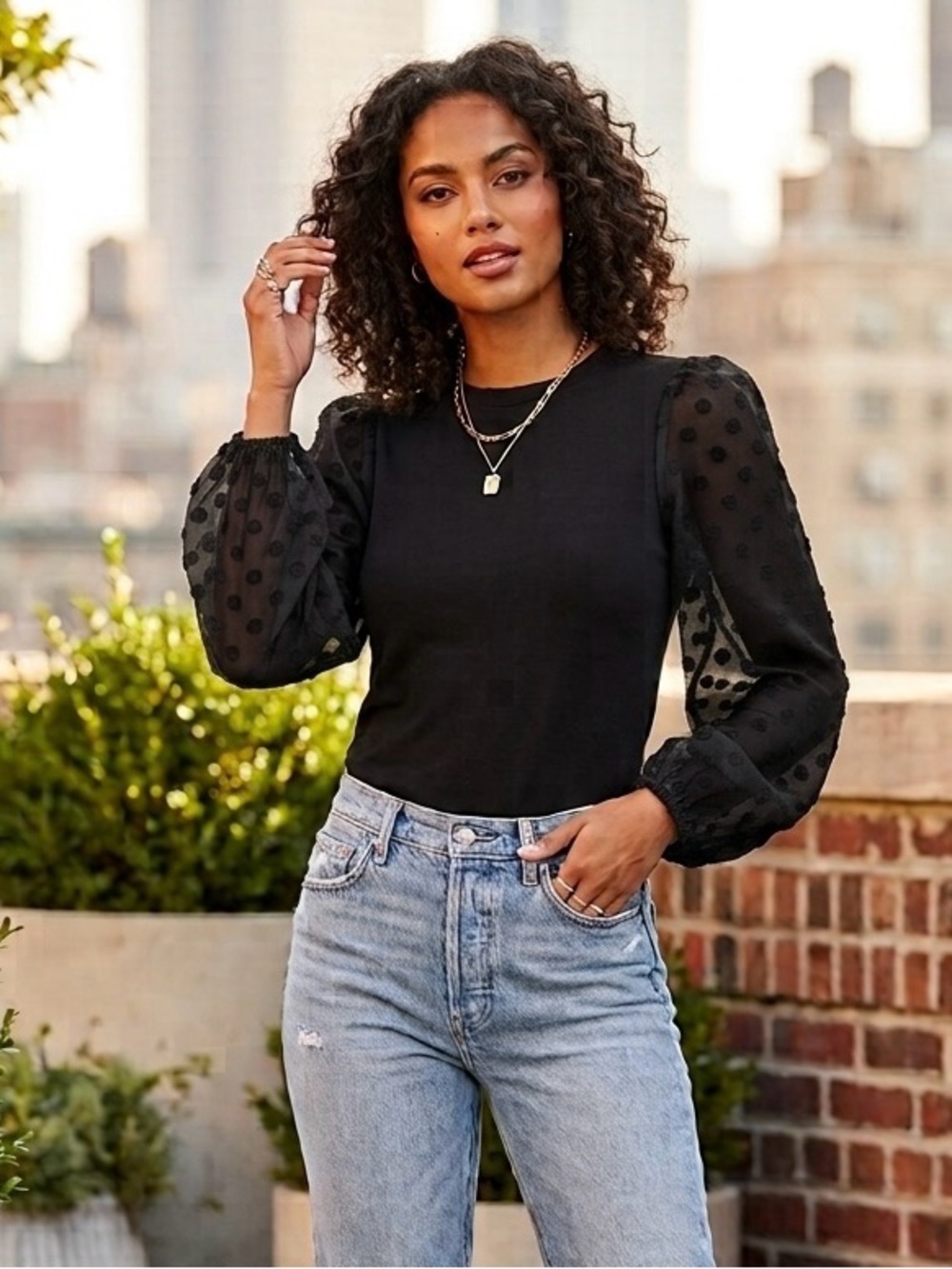 Betsy’s Boutique Cottagecore Workwear Black Puff-Sleeve Swiss Dot Women’s Top S
